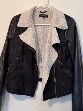 New Look Faux Leather Sherpa Aviator Jacket Black Medium Moto Biker Size M